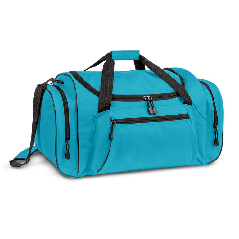 A teal duffle bag with multiple compartments, featuring black accents and a removable shoulder strap.