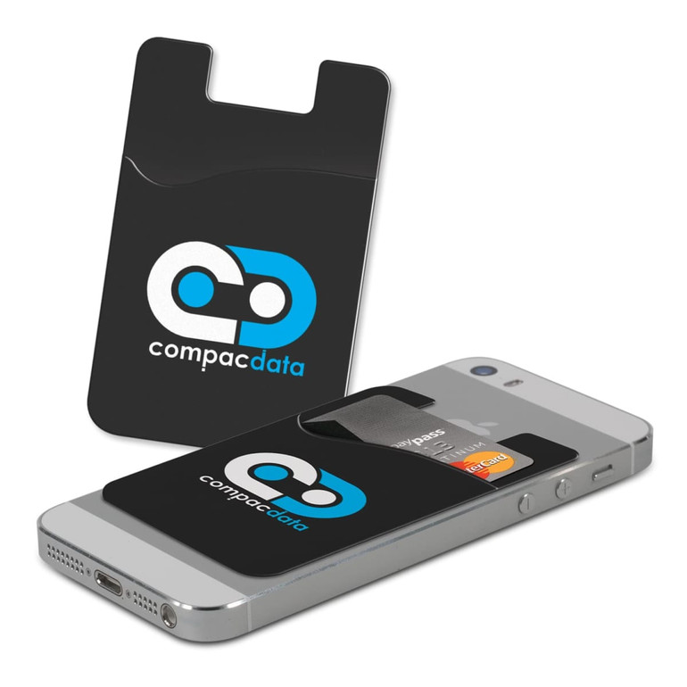 A black phone wallet with a card slot, displayed on a silver smartphone, featuring a logo.