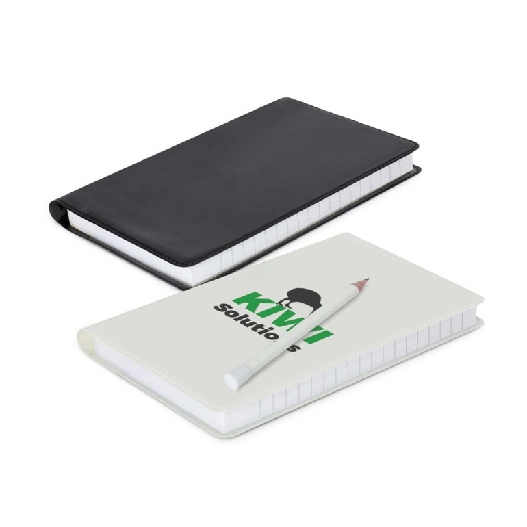 Two notebooks in black and white featuring a logo, with one open and a pencil beside it.