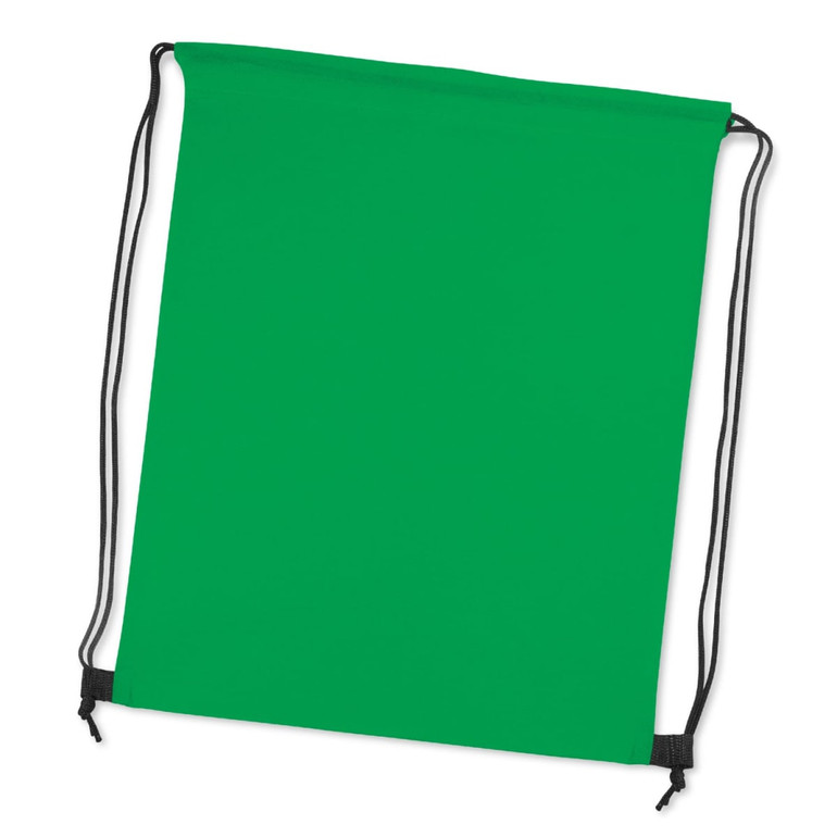 A green drawstring backpack with black cords, featuring a simple design and a logo or branding.