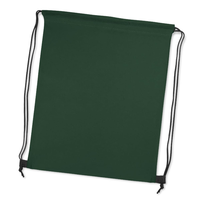 A green drawstring backpack with black accents and a simple design. It includes a logo on one side.