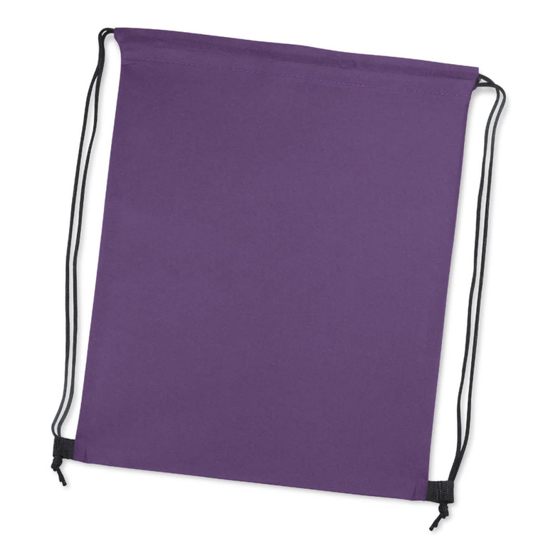 A purple drawstring backpack with black cords for closure and a logo on one side.