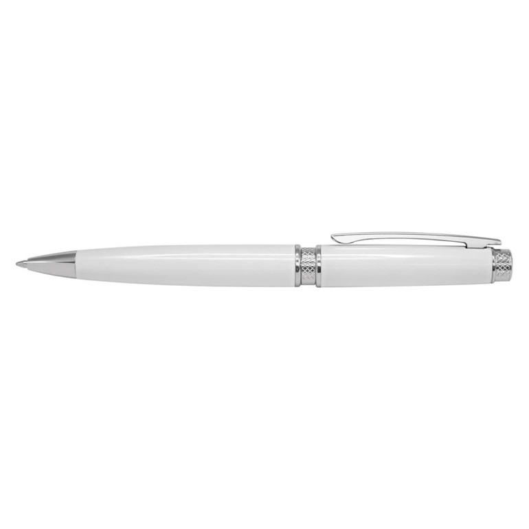 A metal pen in a sleek white finish with silver accents, featuring a smooth barrel and a clip for easy attachment.