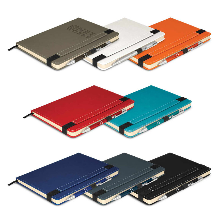 A collection of notebooks in various colours including black, red, blue, green, orange, and white, each with a pen and logo.