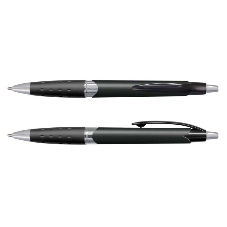 A pair of green plastic pens with black grips and silver accents, featuring a logo on the barrel.
