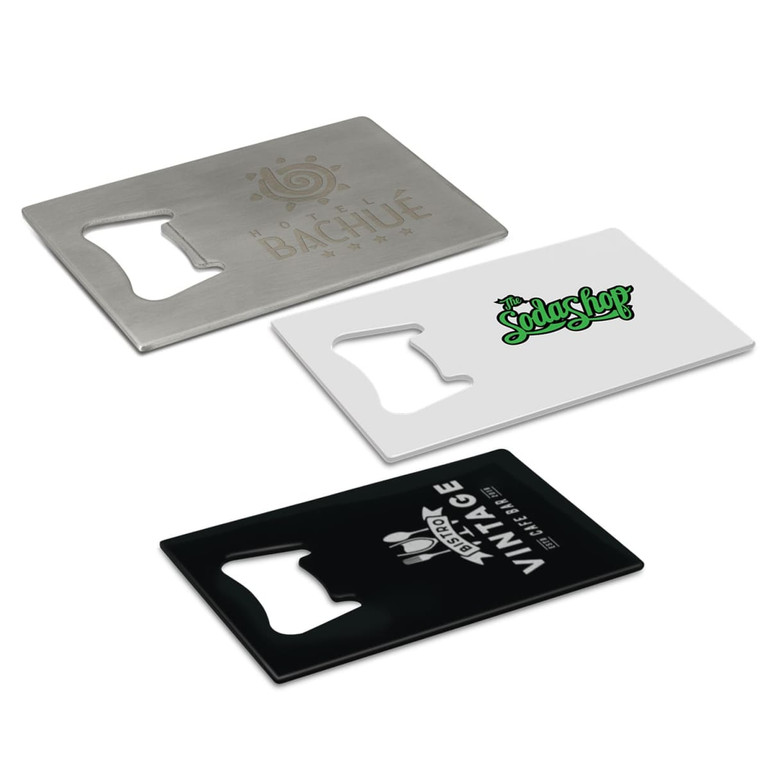 A drink bottle opener featuring a sleek metal design in silver, white, and black with various logos.