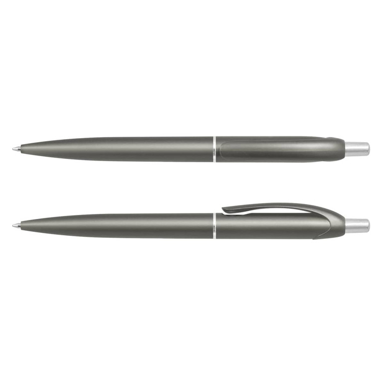 A grey plastic pen with a sleek design, featuring a clip and silver detailing, along with a matching pen without a clip.