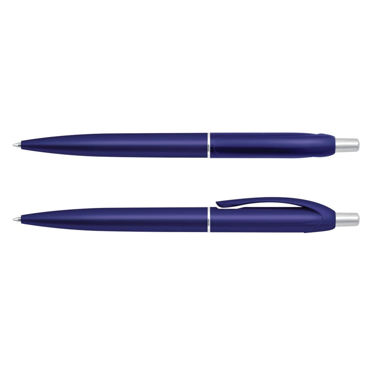 A blue plastic pen with a sleek design, featuring a clip and a silver tip, displayed in two positions.