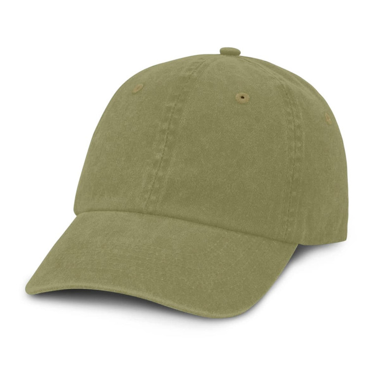 A faded olive green cap featuring a curved brim and a simple design, with a logo on the front.