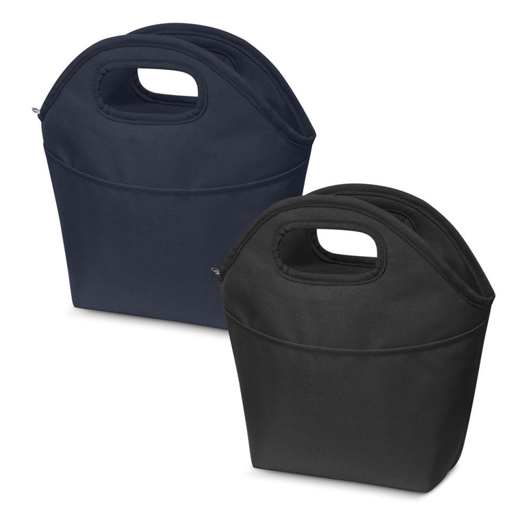 A drink cooler bag in navy blue and black, featuring handles and a front pocket. Includes a logo.