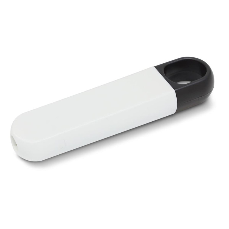 A white and black mini screwdriver set with a compact design, featuring a keyring attachment and a smooth finish.