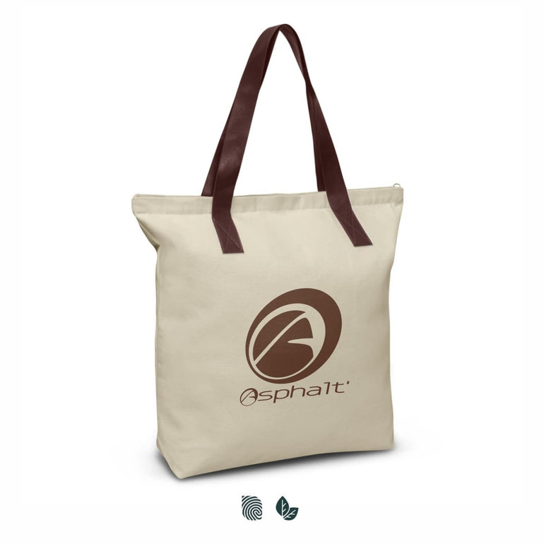 A beige tote bag with brown straps and a logo on the front. The bag has a spacious design for carrying items.