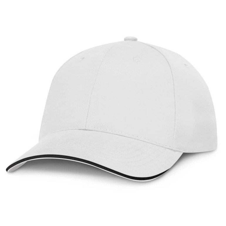 A white cap with a contrasting black brim, designed for versatile headwear.
