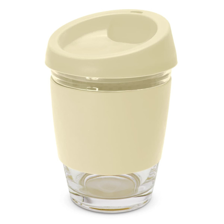 A drink bottle featuring a cream-coloured lid and a transparent glass base, with a logo on the side.