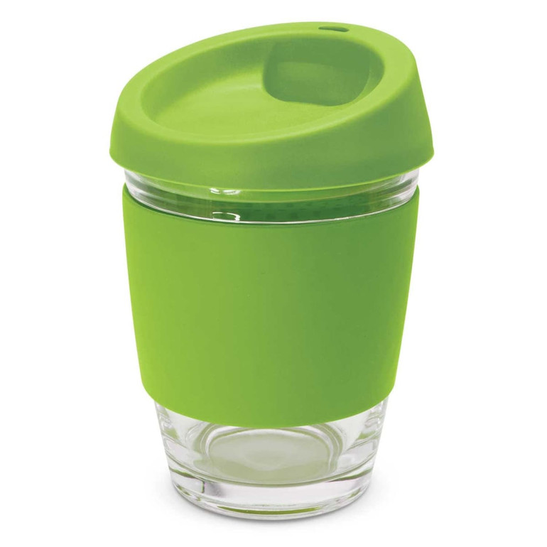 A drink bottle with a glass body and a vibrant green silicone lid and sleeve. It features a logo on the body.