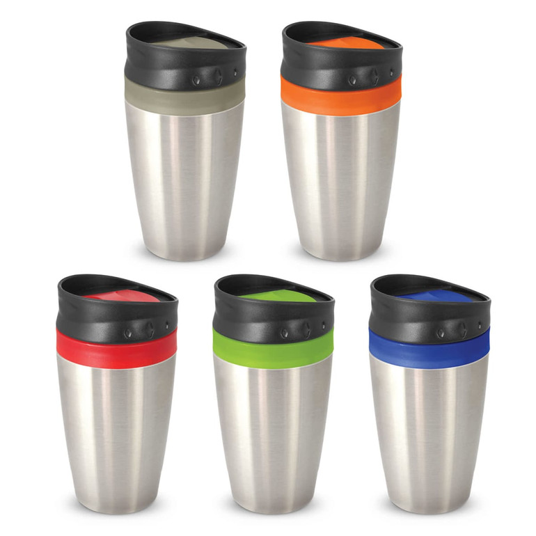 A set of five stainless steel coffee cups in grey, orange, red, green, and blue with black lids and a logo.