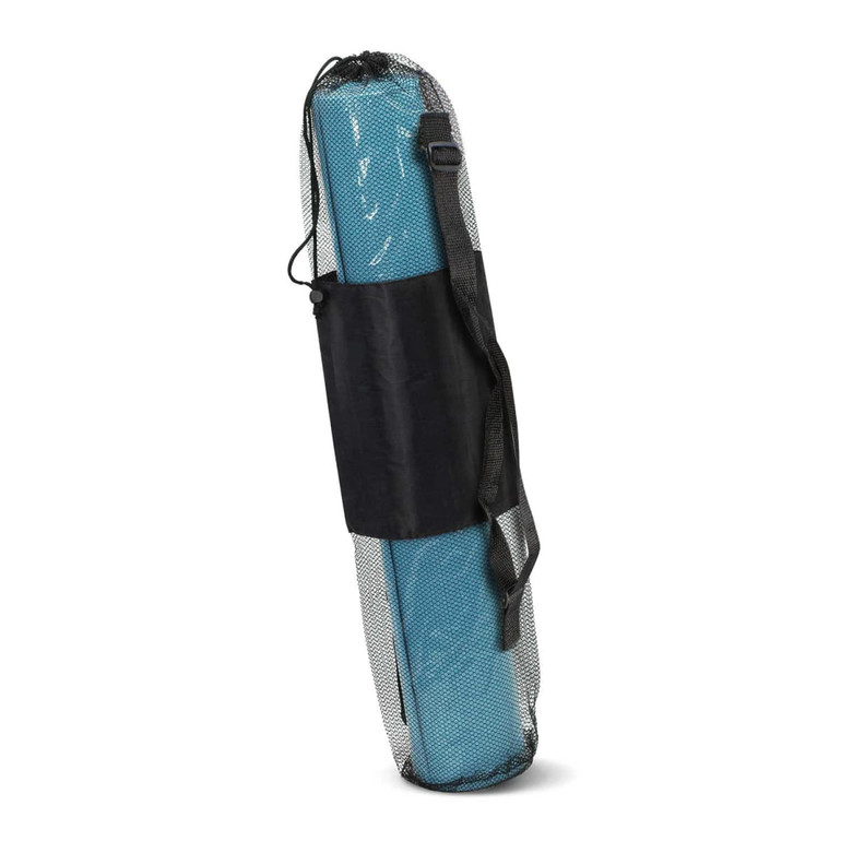 A Zen Yoga Mat rolled up and secured in a black mesh carrying bag with a shoulder strap.