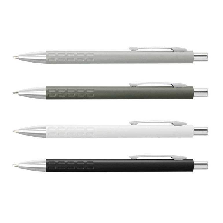 A display of four Vienna Pens in green, grey, white, and black, featuring a chrome clip and grip design.