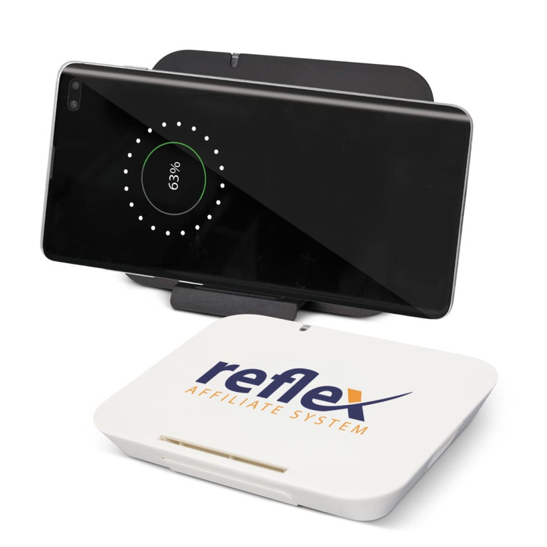A black wireless charging stand with a white base, featuring a logo, and a smartphone displaying a charging indicator.
