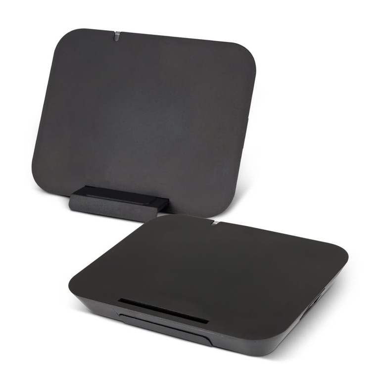 A Lynx Wireless Charging Stand in a sleek black design, featuring a flat surface and a small dock for device placement.