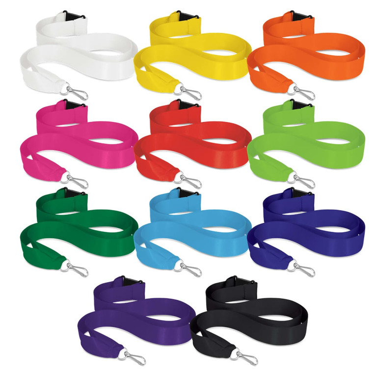 A selection of ribbon lanyards in various colours: white, orange, pink, red, green, blue, purple, black, and more.