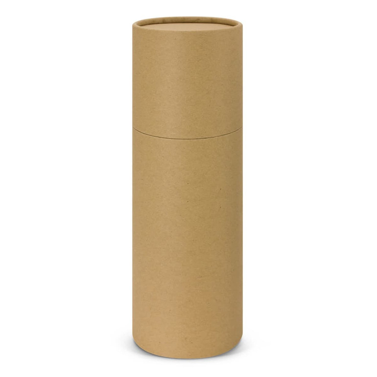 A drink bottle in a cylindrical, unbranded brown cardboard packaging, with a flat lid.