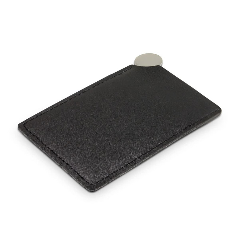 A black vanity card mirror with a silver accent. It features a sleek, rectangular design.