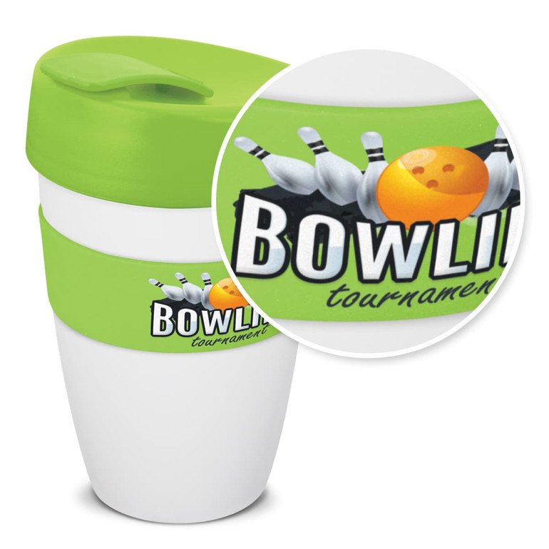 A drink bottle with a double wall design, featuring a white body and a bright green lid, showcasing a logo.