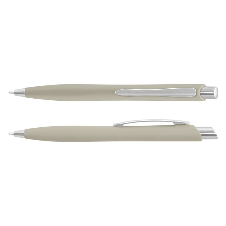 A plastic pen in a muted green colour with a silver clip and tip, featuring a simple design and a logo.