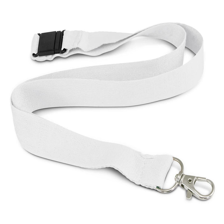 A white bamboo lanyard with a metal clip and a plastic buckle for attachment. Features a logo.