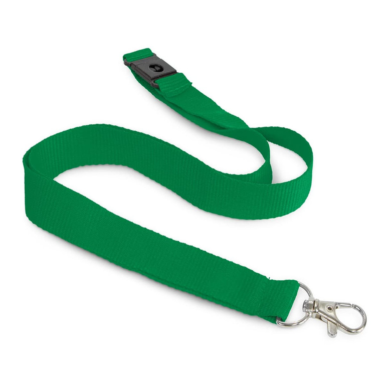 A green cotton lanyard with a metal clip and a plastic breakaway buckle. It has a smooth, flat design.