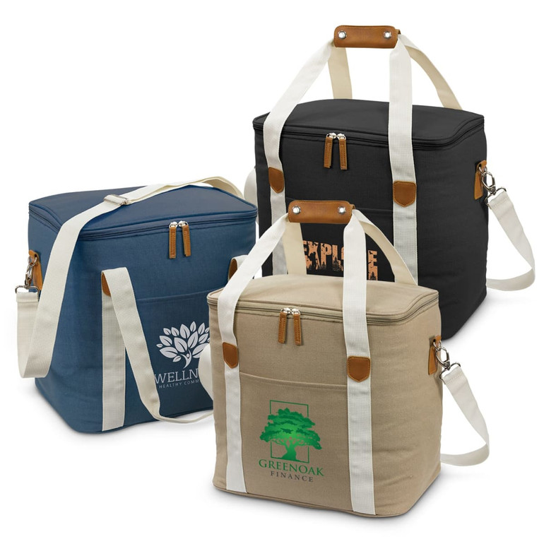 Three canvas cooler bags in navy blue, black, and beige, each with shoulder straps and branding.