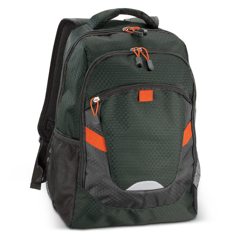 A green and grey backpack featuring orange accents and multiple compartments, with a textured fabric design.