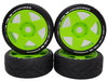 NHX RC 1/8 On Road Touring Car Tires with Green 17mm Hex 5-Spoke Rims (4) - Hobao GTLE / GTSE / VTE