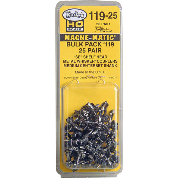 Kadee #119-25 Bulk Pack (25 Pair) #119 SE Shelf Whisker Metal Couplers Med 9/32" HO Scale