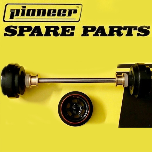 Pioneer Legends Front Axle Assembly Black Bassett Style Wheels 1/32 Slot Car