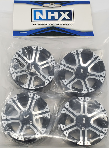 NHX RC 6 Spoke Aluminum 1.9 Inch Beadlock A Black Wheel Rim w/ Silver Rings 4pcs