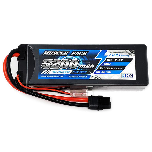 NHX Muscle Pack 2S 7.4V 5200mAh 50C Hard Case Lipo Battery XT60 / Traxxas Adapter