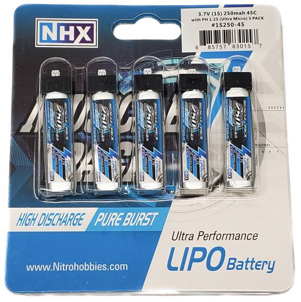 NHX Muscle Pack 1S 3.7V 250mAh 45C Lipo Battery w/ Ultra-Micro (5 PACK)