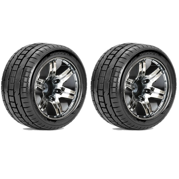 Roapex R/C Trigger 1/10 Stadium Truck Tires w/ Chrome Black Wheels 12mm Hex (2)