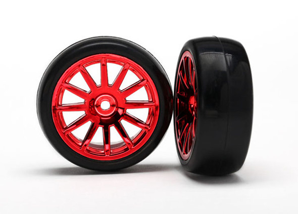 Traxxas 7573X LaTrax Rally Tires / Wheels Assembled / Glued 12-Spoke Red Chrome (2)