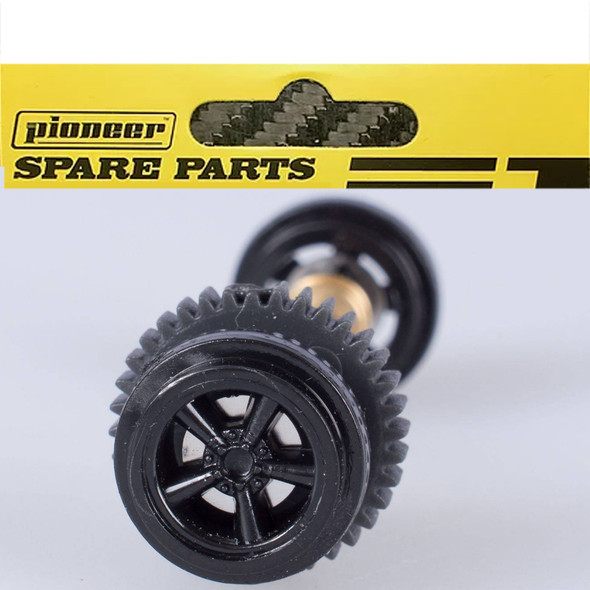 Pioneer AA201233 American Racing Rear Axle Assembly Black Wheels : 1/32 Slot Car