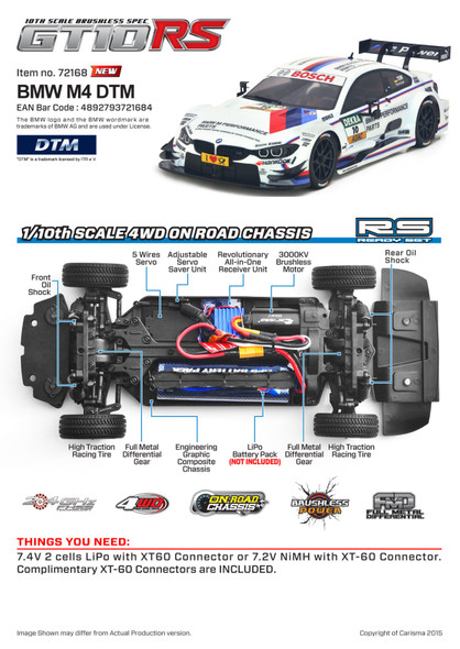 CARISMA 72168 GT10RS BRUSHLESS 1/10 4WD BMW M4 #10 WHITE DTM RTR