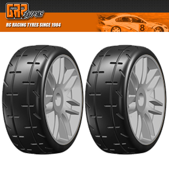 GRP 1:8 GT T01 REVO S7 MediumHard Belted Tire w/ Spoked Silver Wheel (2)