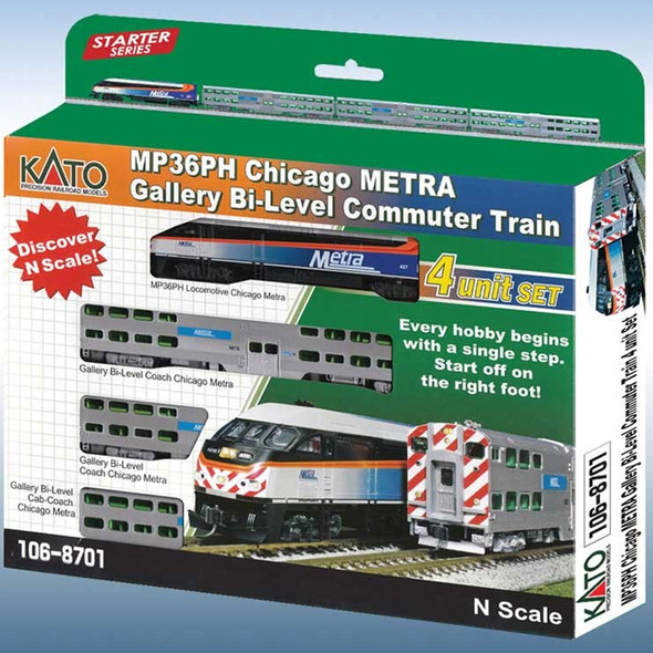 Kato 106-8701 Chicago Metra Bi-Level Commuter Train 4 Car Set Standard DC N Scale