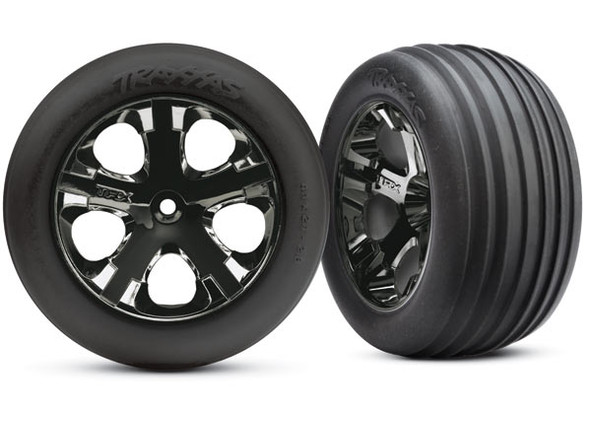 Traxxas 3771A Front All-Star Black Chrome Wheels w/ Ribbed Tires (2)