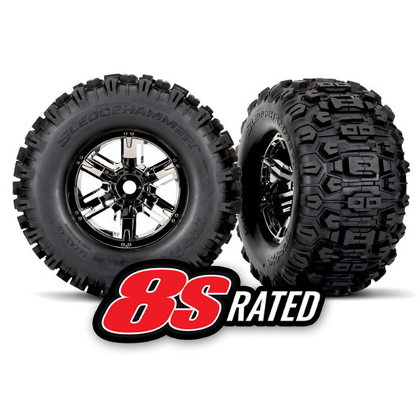 Traxxas 7774A L/R Tires & Black/Chrome Wheels w/ Foam Inserts (2) : X-Maxx