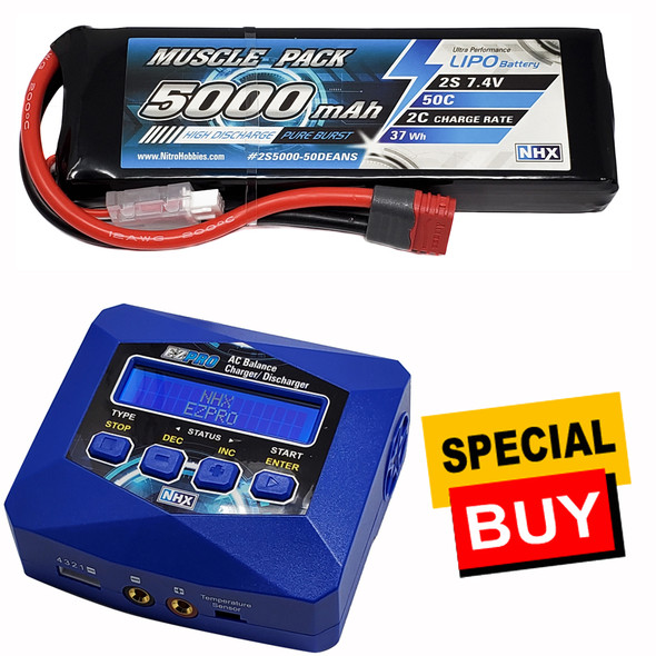 NHX Muscle Pack 2S 7.4V 5000mAh 50C Lipo Battery w/ DEANS / EZPRO AC Charger