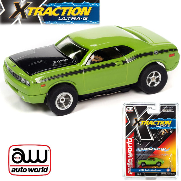 Auto World Xtraction R34 2008 Dodge Challenger Green HO Scale Slot Car