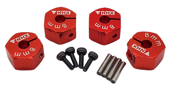 NHX RC Aluminum Clamping Wheel Hex Adaptor 8mm Thickness 12mm Hex - Red (4pc)